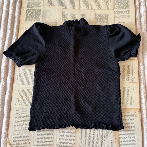Catherine Malandrino Black Smocked Ruffle Short Sleeve Top, Size L - Picture 4 of 7